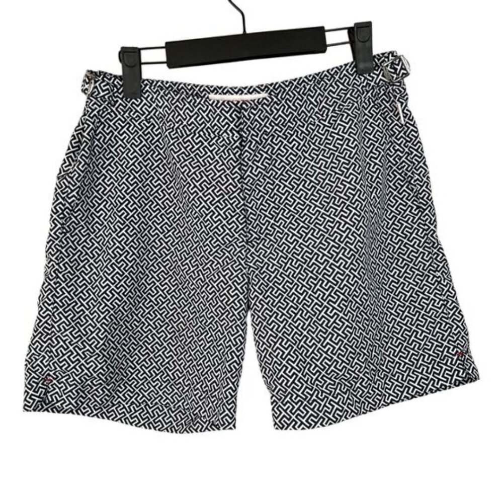 Orlebar Brown Bulldog Swim Shorts Size 32 Black & White Geometric Pattern